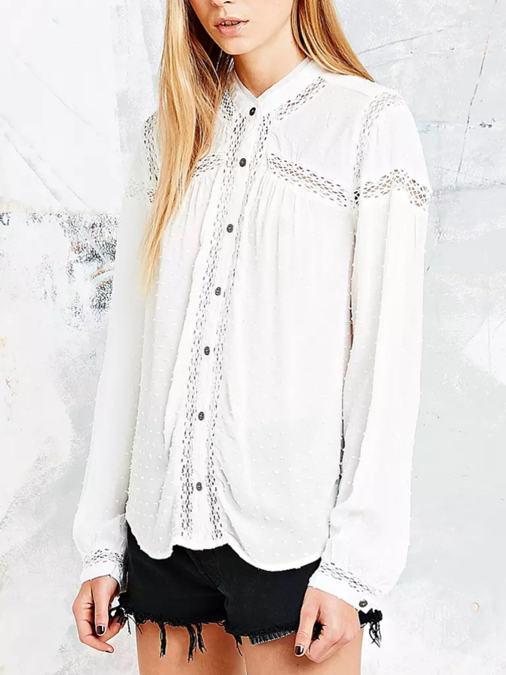 Free People | Cream Swiss Dot Lace-Trim Button-Down Top size XS